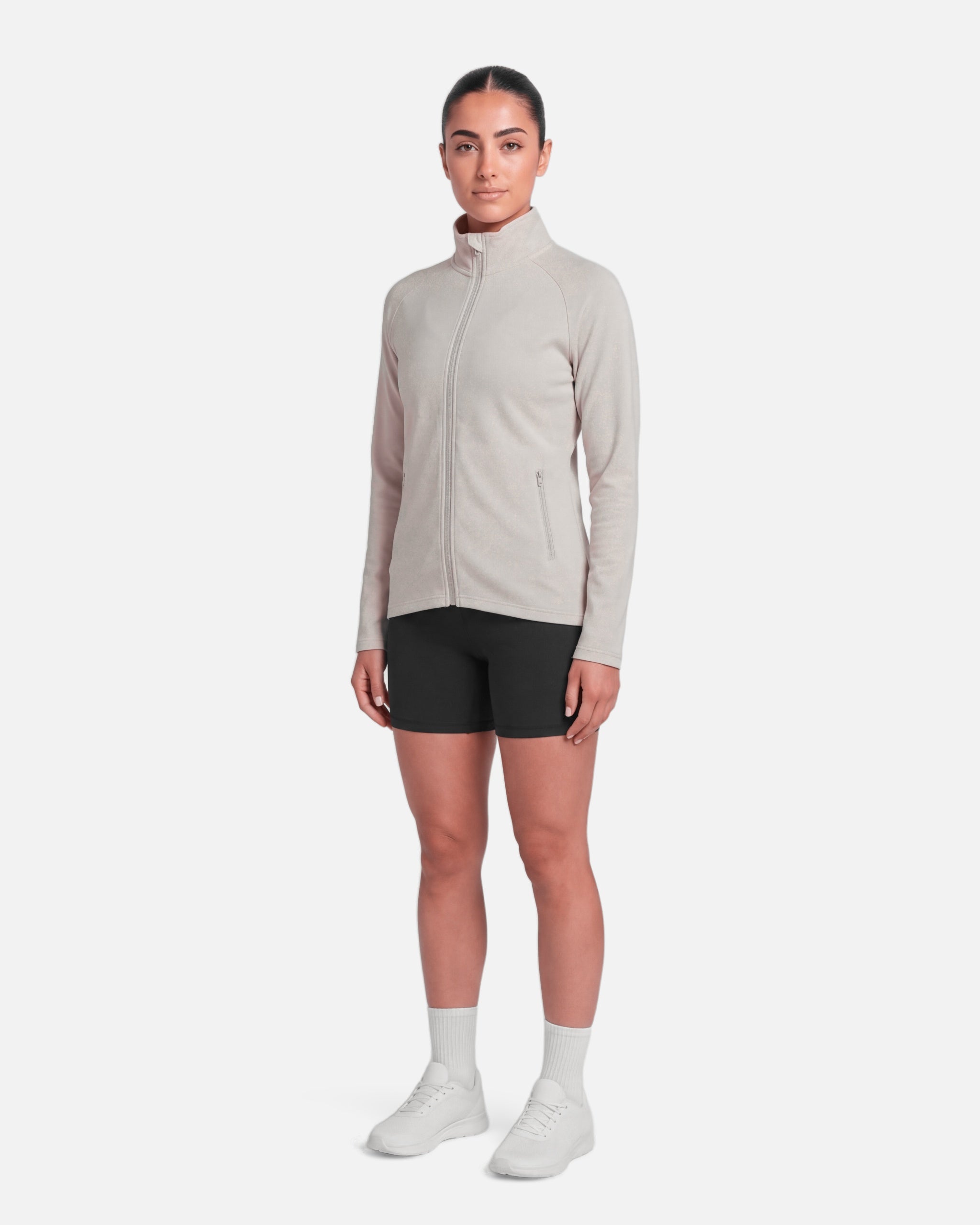 Womens Endurance Full Zip Jacket White Sand - three-quarter view - Blanklines