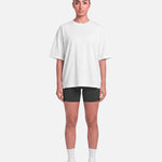Boxy Tee White - full length front view, female model - Blanklines