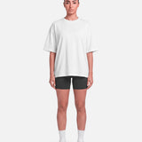 Boxy Tee White - full length front view, female model - Blanklines