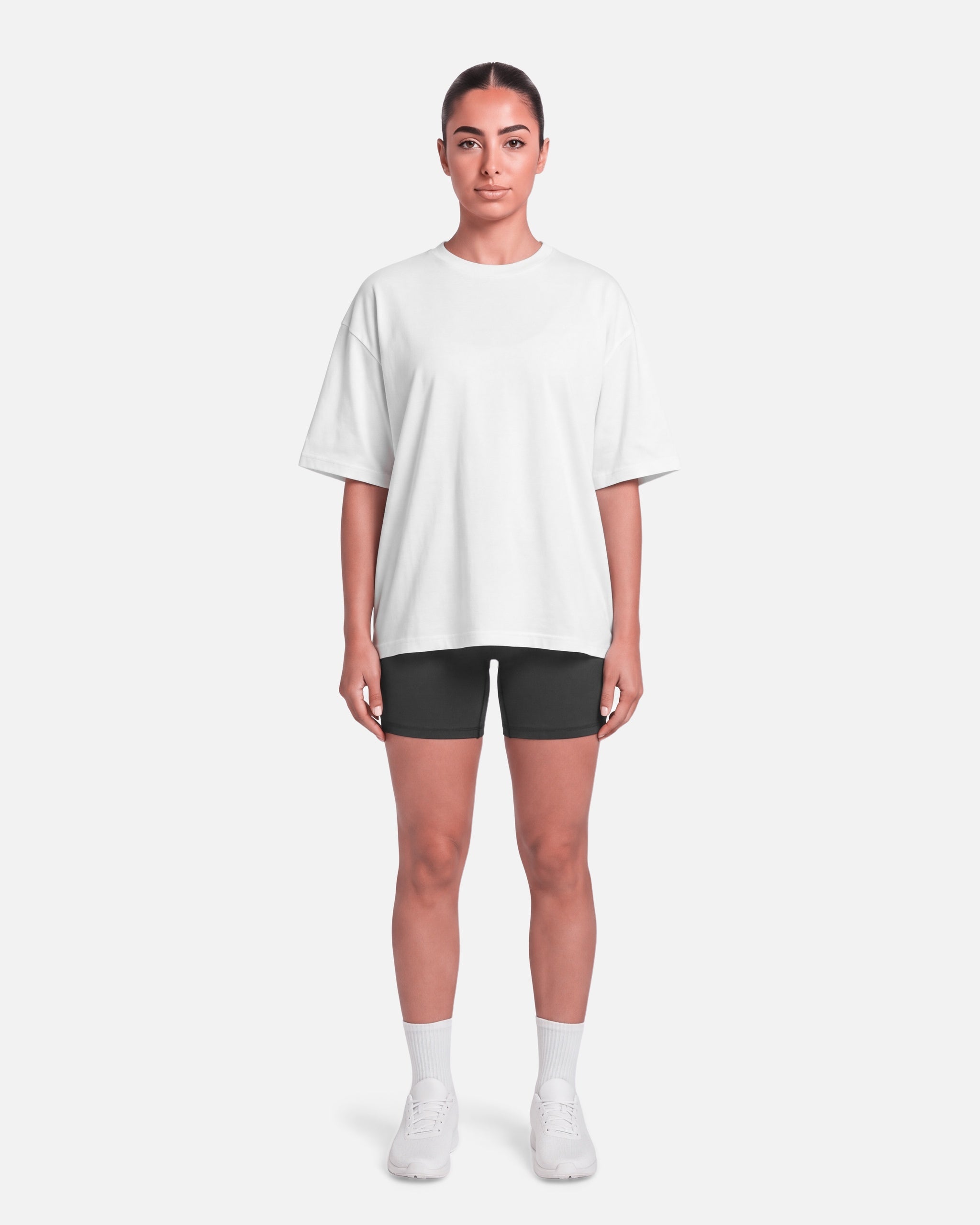 Boxy Tee White - full length front view, female model - Blanklines