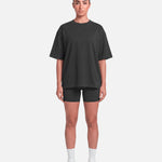 Boxy Tee Black - full length front view, female model - Blanklines