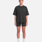 Boxy Tee Black - full length front view, female model - Blanklines