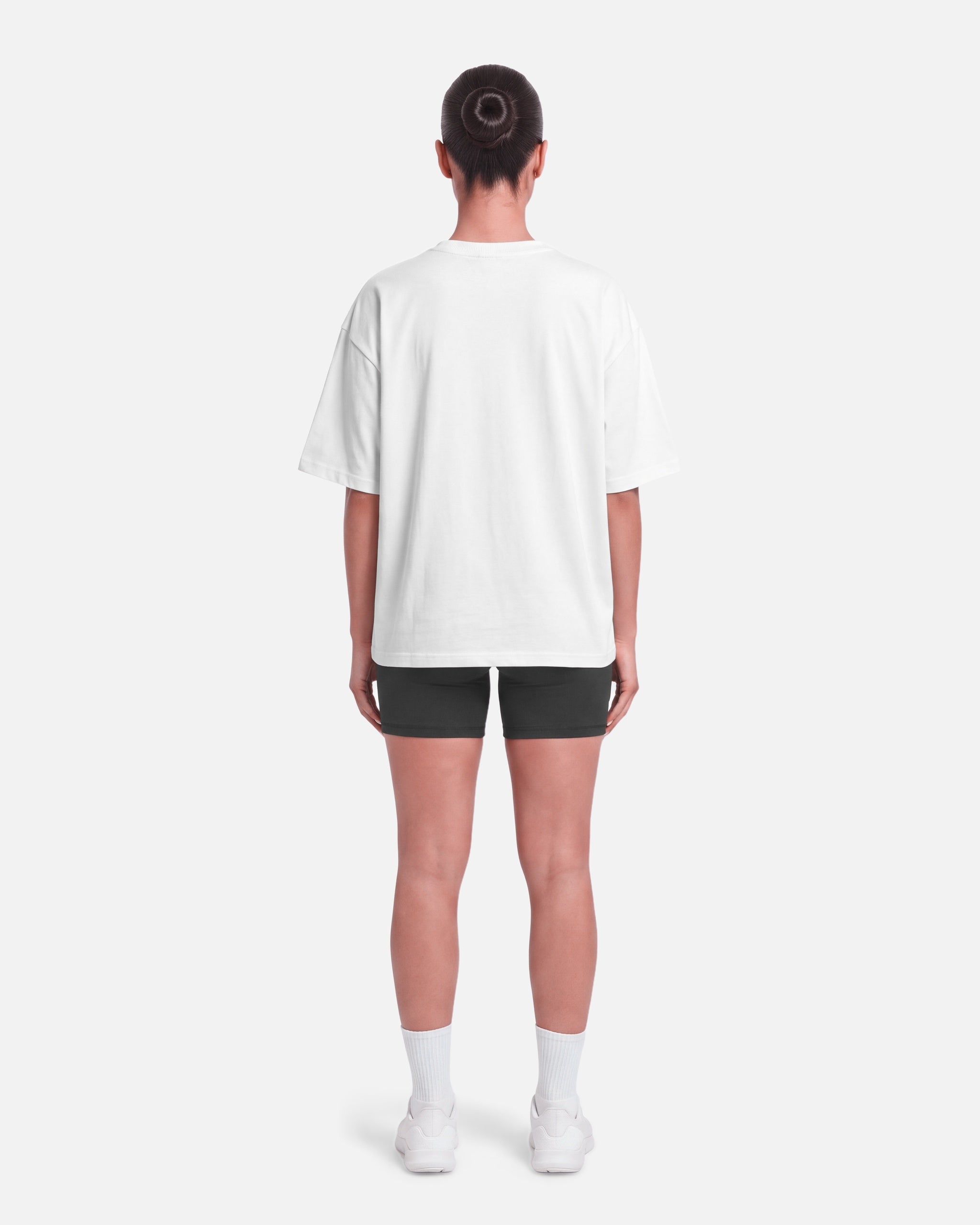 Boxy Tee White - back view, female model - Blanklines