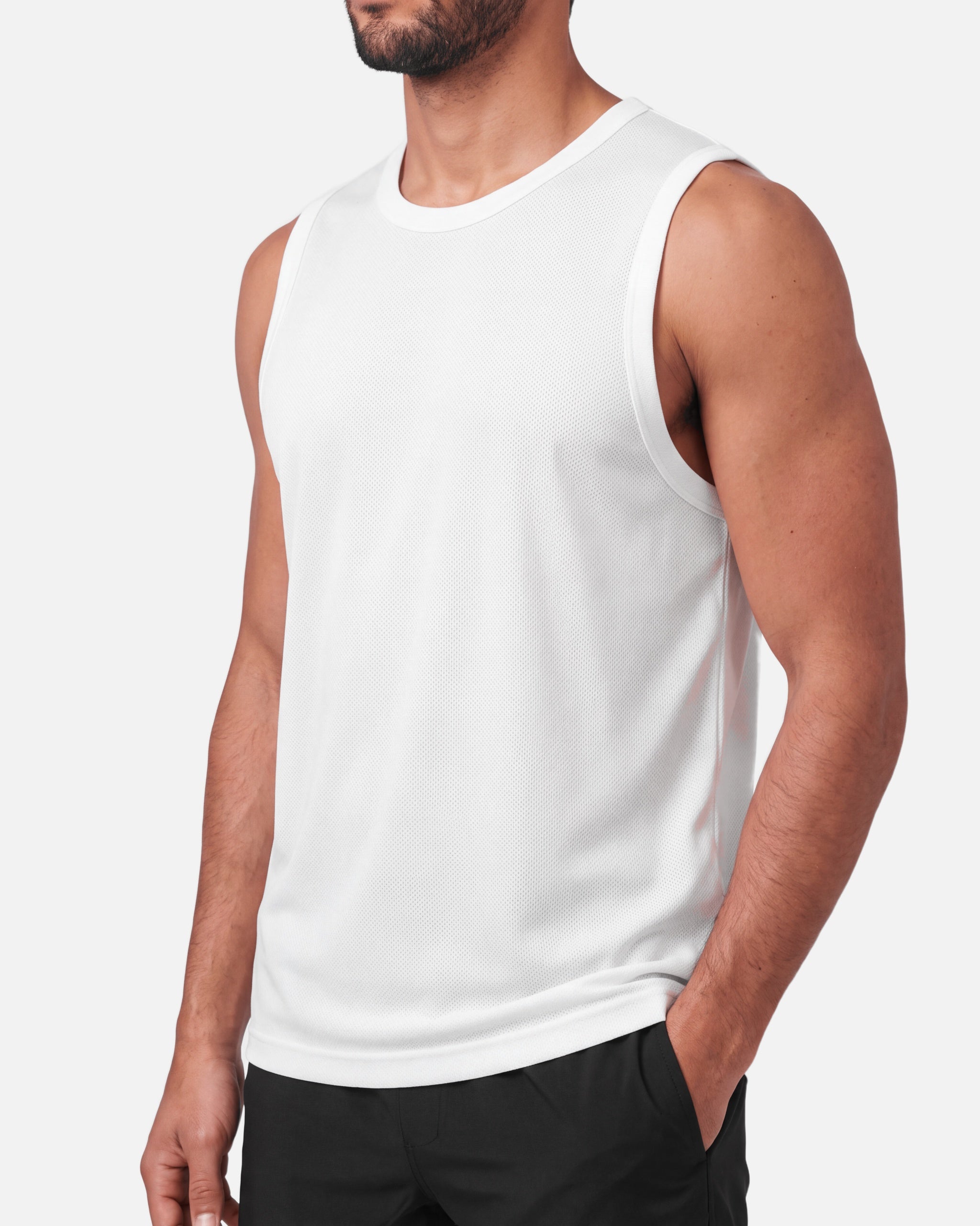 Core Mesh Tank White - neckline, armhole and hem detail - Blanklines